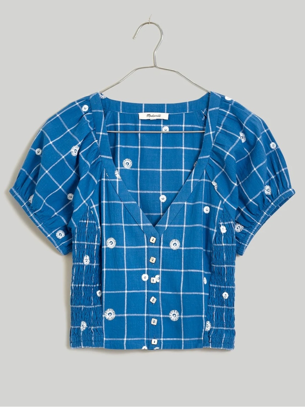 Madewell Embroidered Puff-Sleeve Crop Top in Windowpane in Hermitage Blue Sz. 8